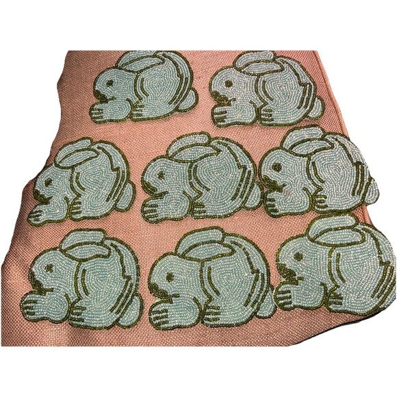 RLK By Leila’s Linen Hand Beaded Rabbit Coasters Green And Blue Made In India - Picture 2 of 12